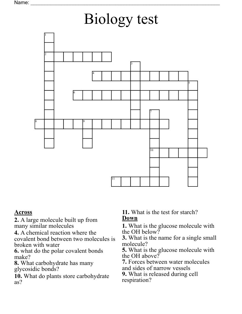 Biology test Crossword