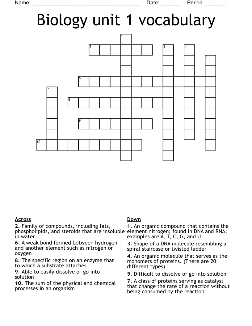 Biology unit 1 vocabulary Crossword