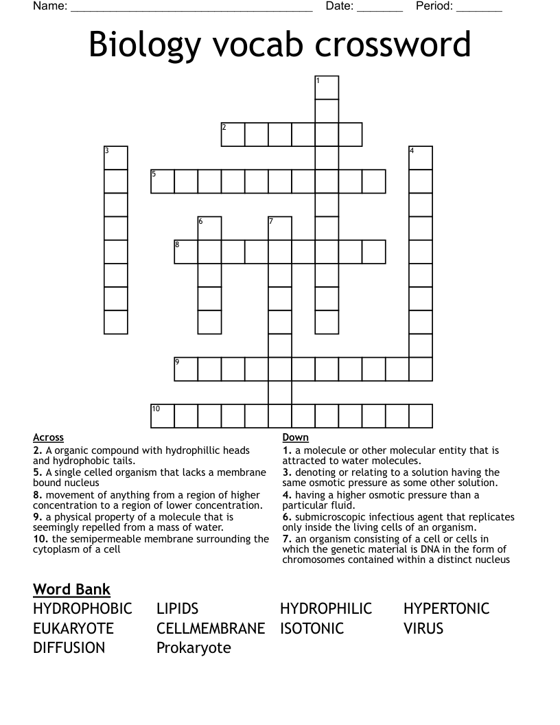 Biology vocab crossword