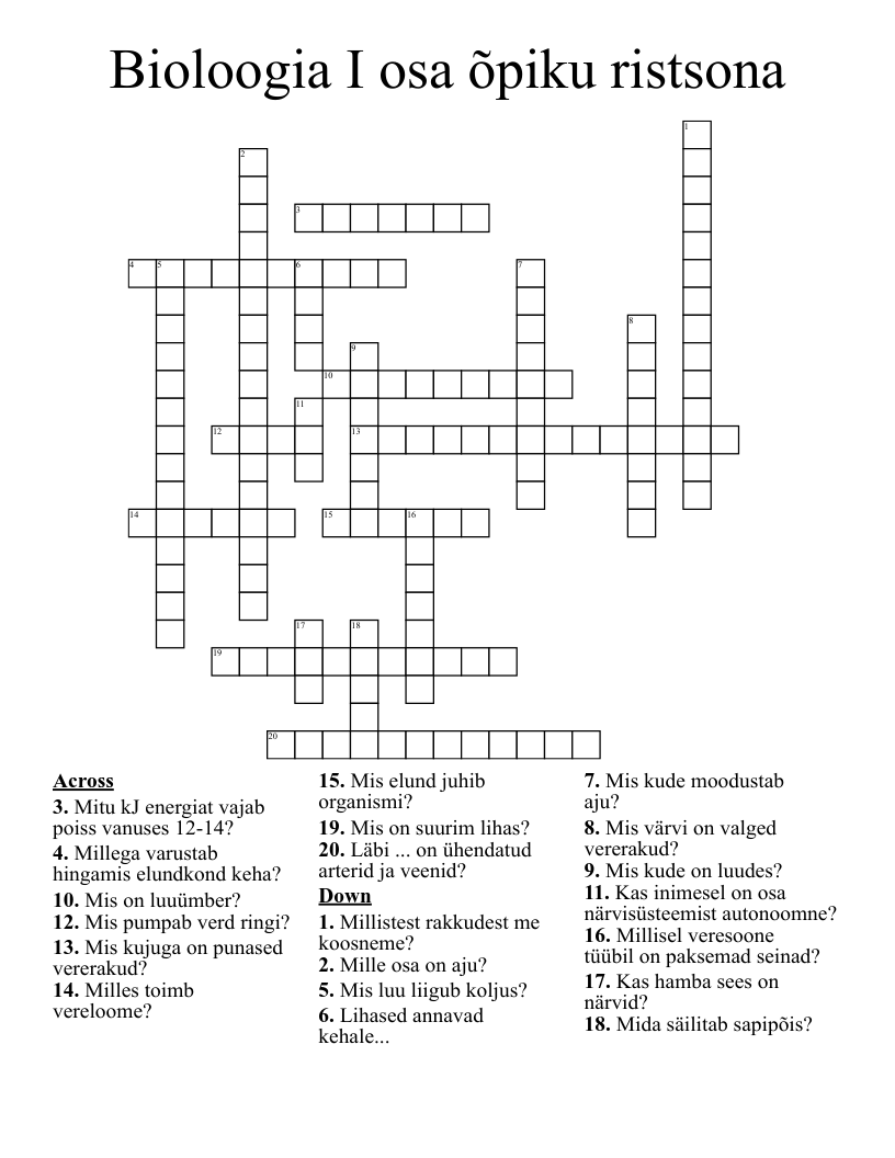Bioloogia I osa õpiku ristsona Crossword