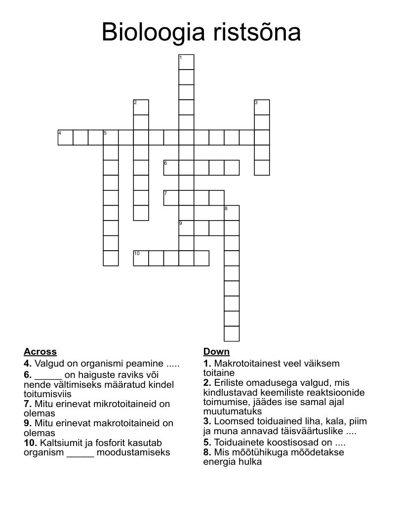 Bioloogia ristsõna Crossword
