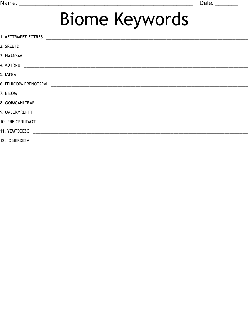 Biome Keywords Word Scramble