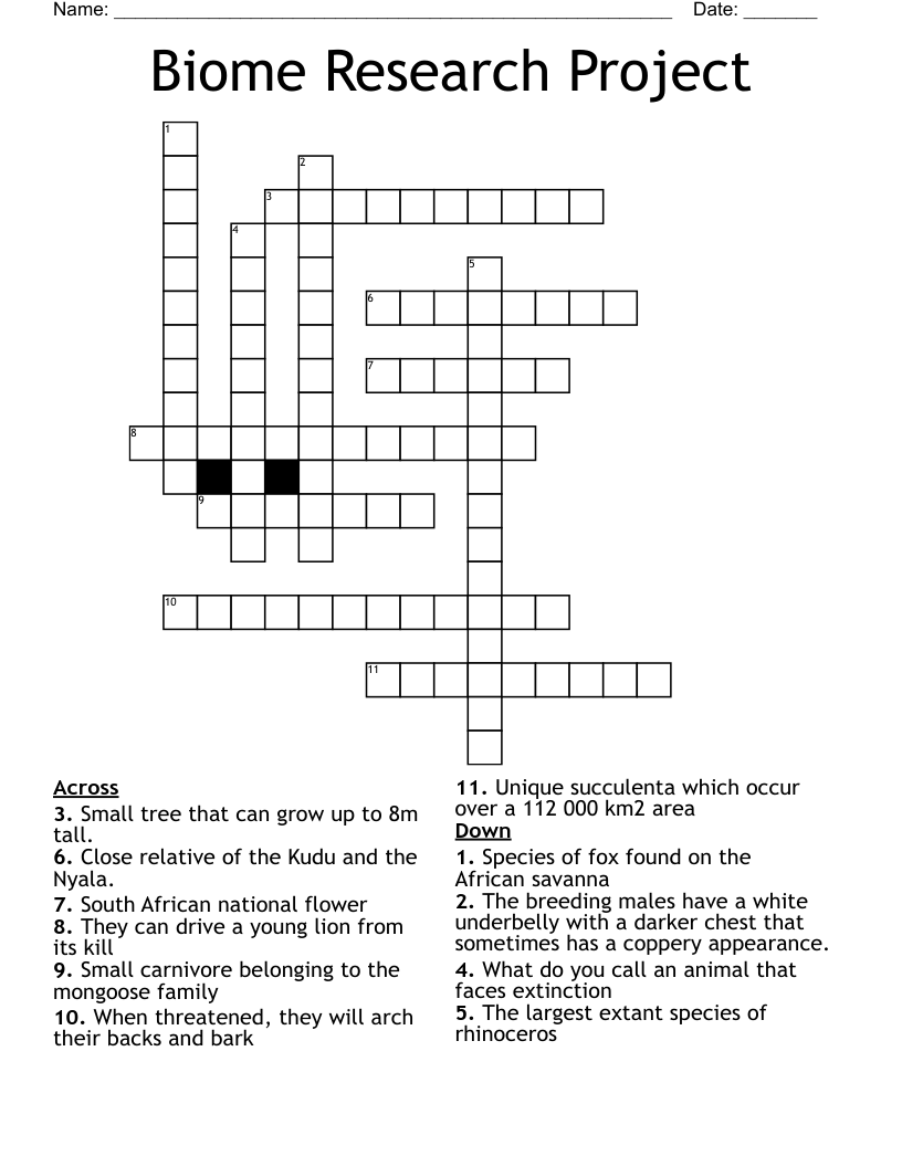 Biome Research Project Crossword