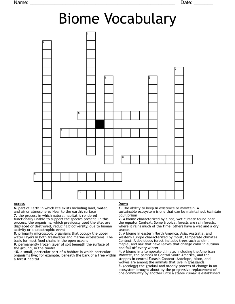 Biome Vocabulary Crossword