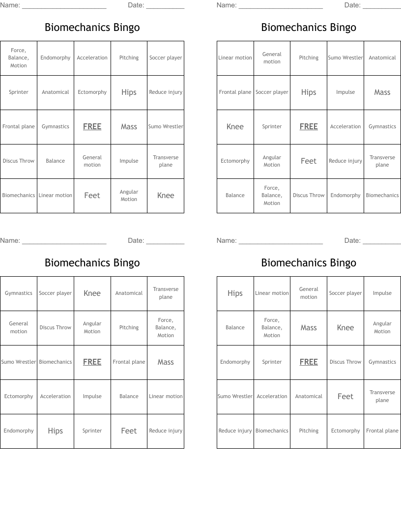 Biomechanics Bingo