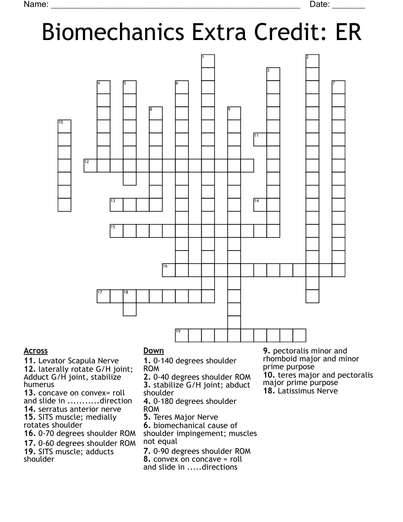 Biomechanics Extra Credit: ER Crossword