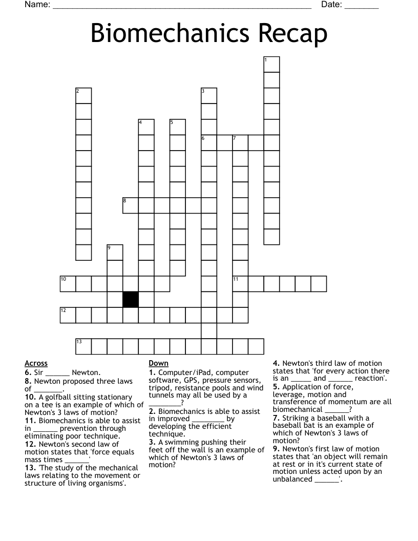 Biomechanics Recap Crossword