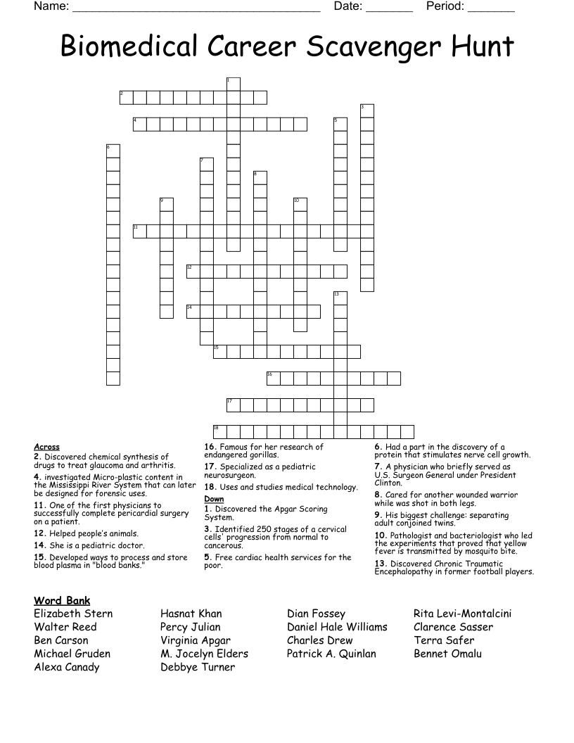 Biomedical Career Scavenger Hunt Crossword
