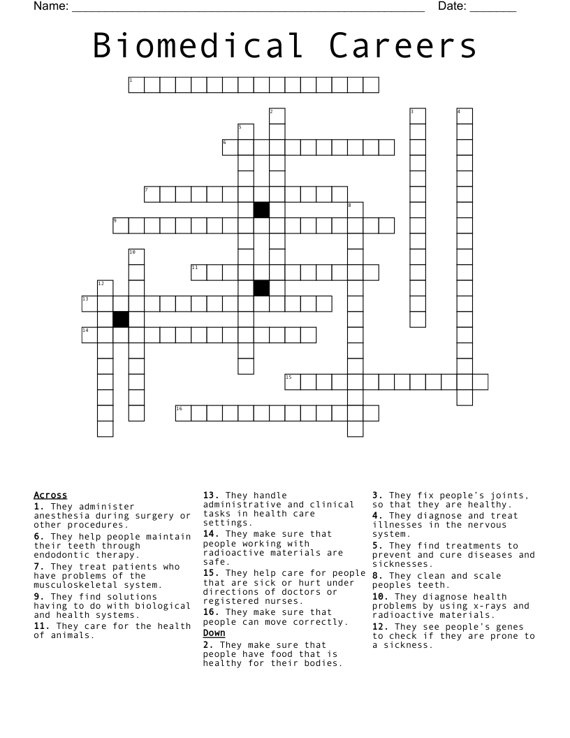 Biomedical Careers Crossword