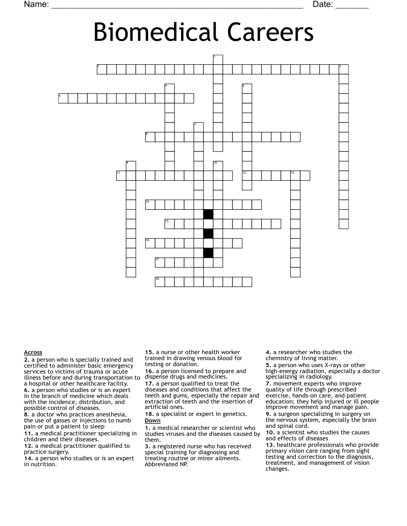 Biomedical Careers Crossword
