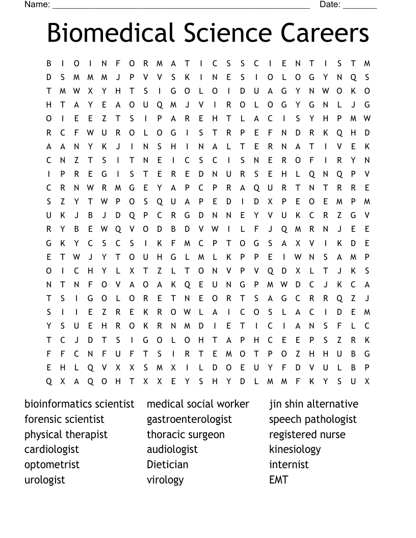 Biomedical Science Careers Word Search