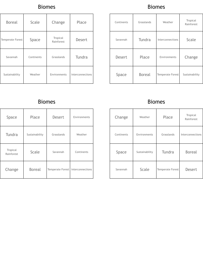 Biomes Bingo Cards