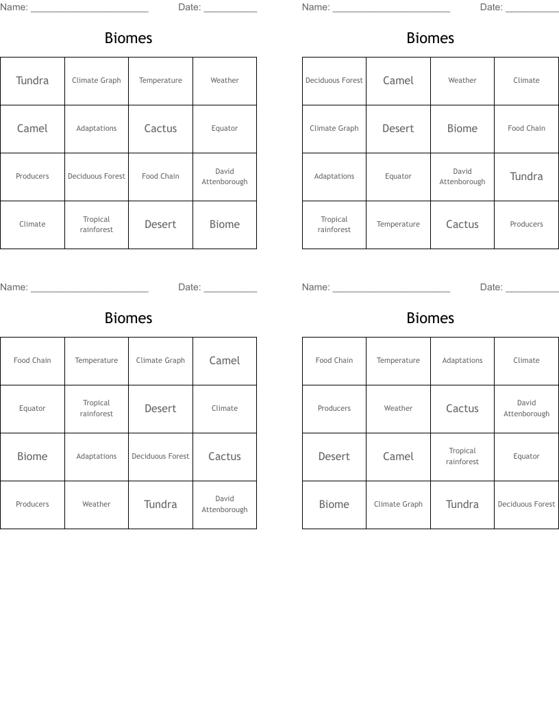Biomes Bingo Cards