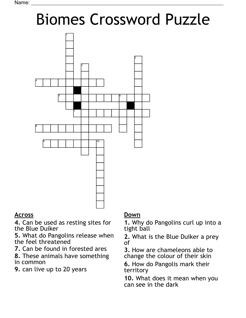 Biomes Crossword Puzzle