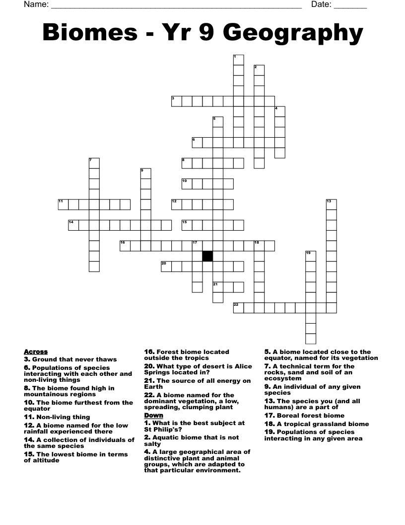 Biomes - Yr 9 Geography Crossword