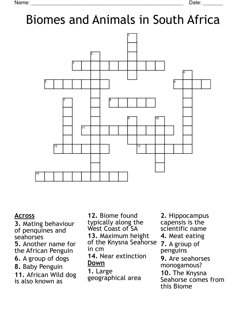 Biomes and Animals in South Africa Crossword