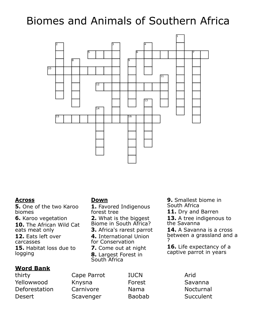 Biomes and Animals of Southern Africa Crossword