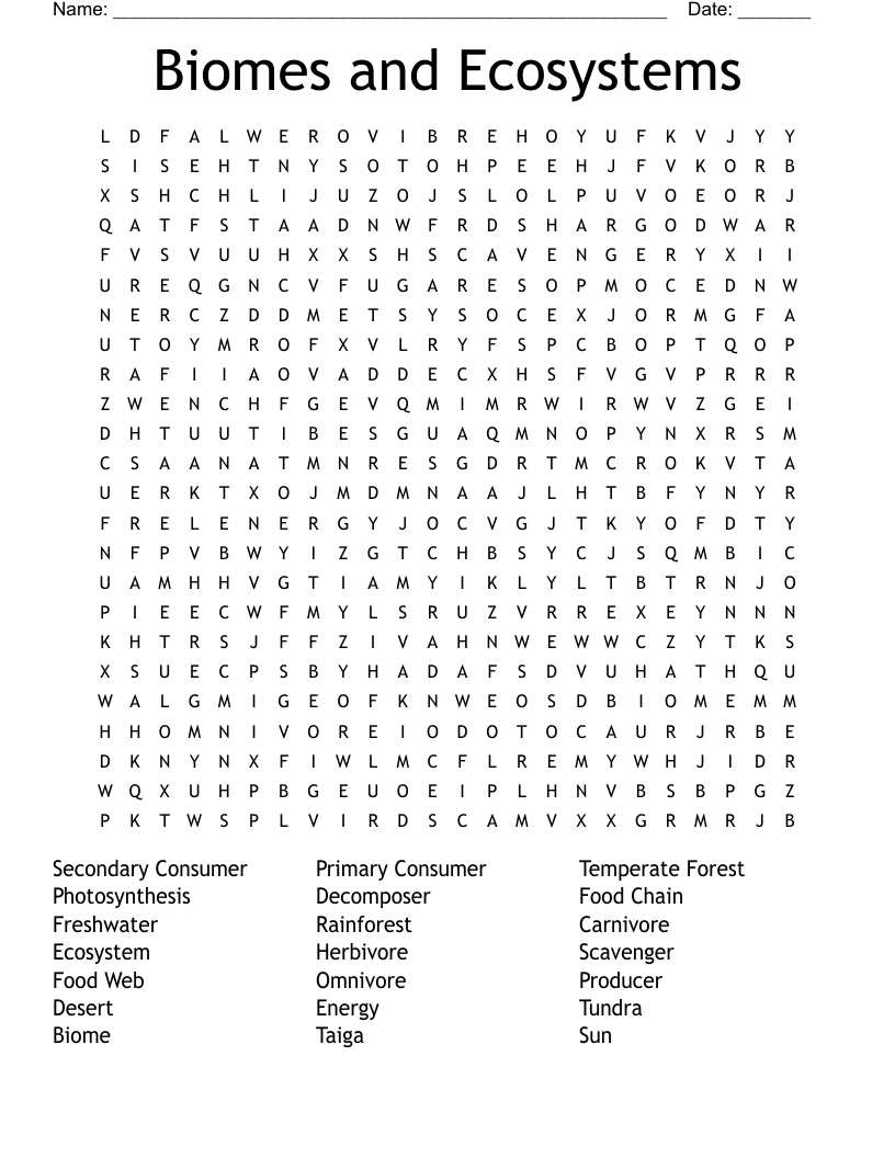 Biomes and Ecosystems Word Search