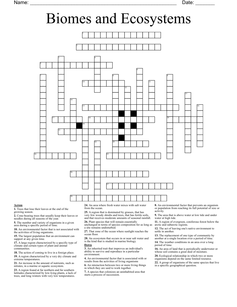 Biomes and Ecosystems Crossword