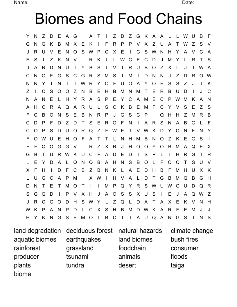 Biomes and Food Chains Word Search
