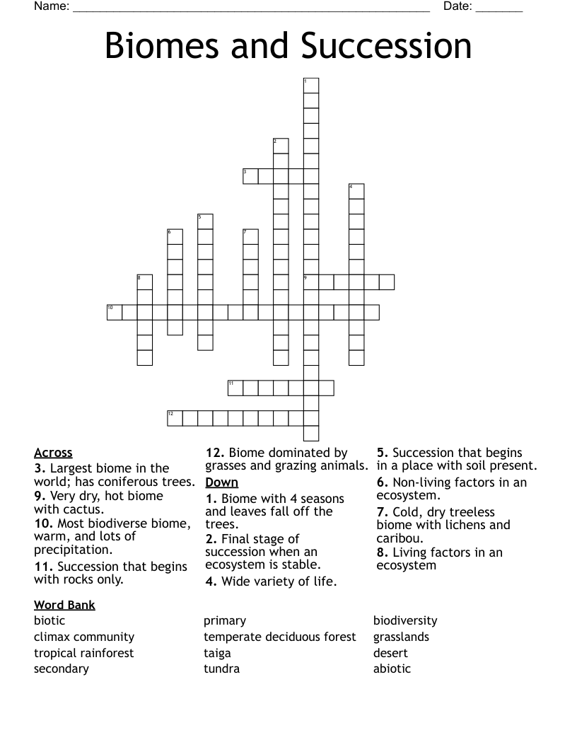 Biomes and Succession Crossword