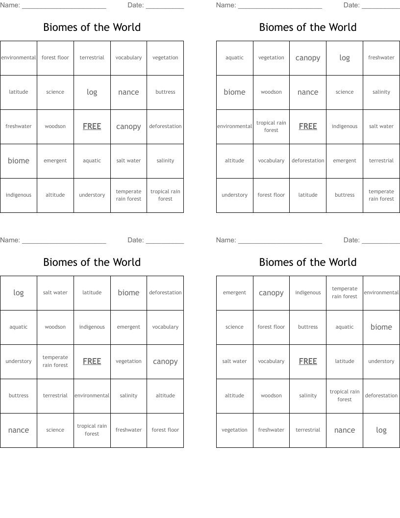 Biomes of the World Bingo Cards
