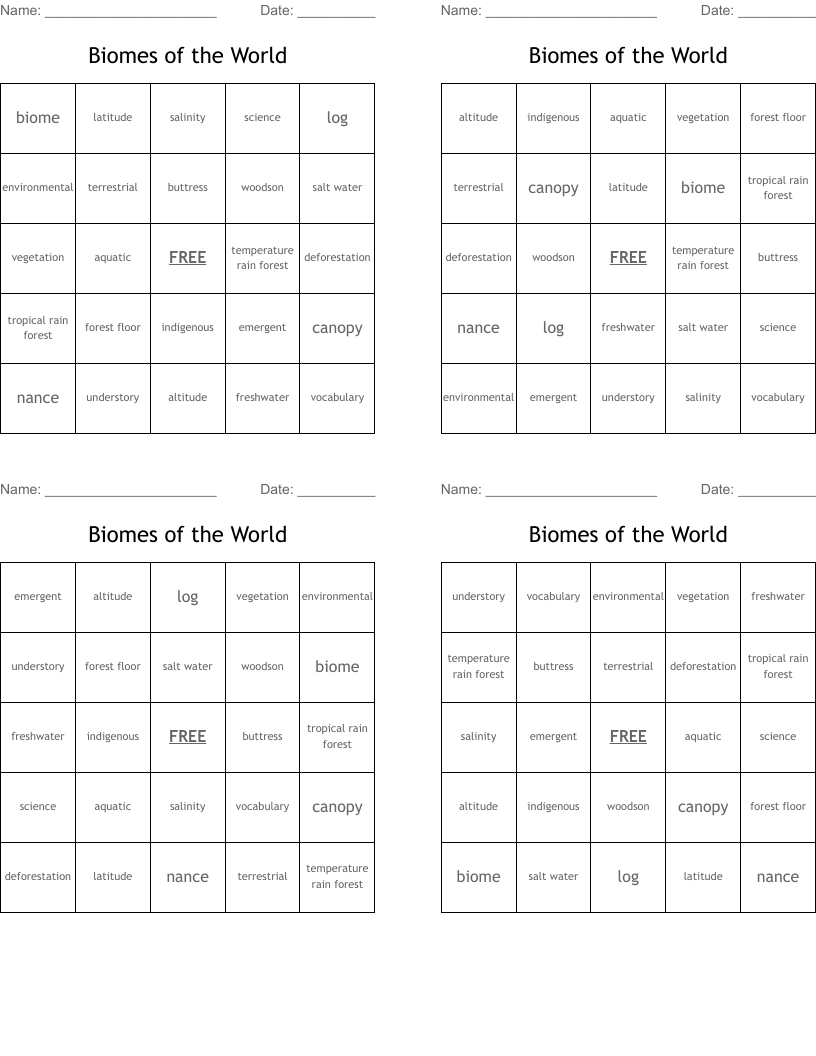 Biomes of the World Bingo Cards