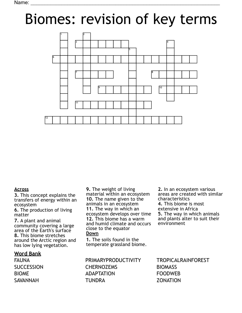 Biomes: revision of key terms Crossword