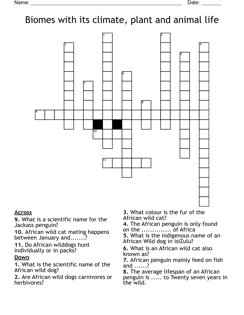 Biomes with its climate, plant and animal life Crossword
