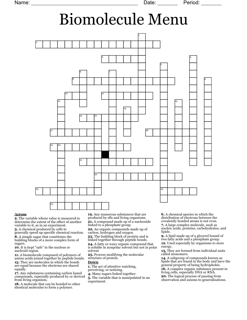 Biomolecule Menu Crossword