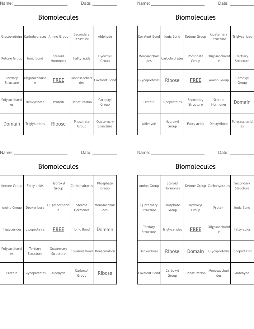 Biomolecules Bingo Cards