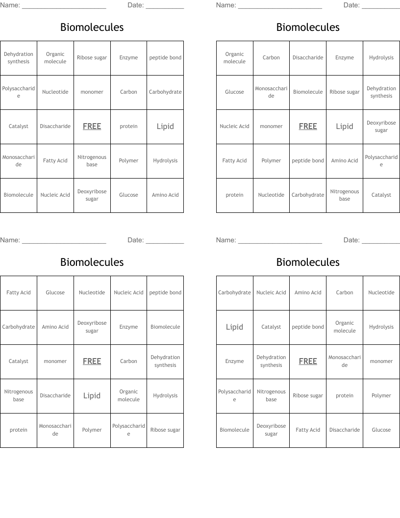 Biomolecules  Bingo Cards