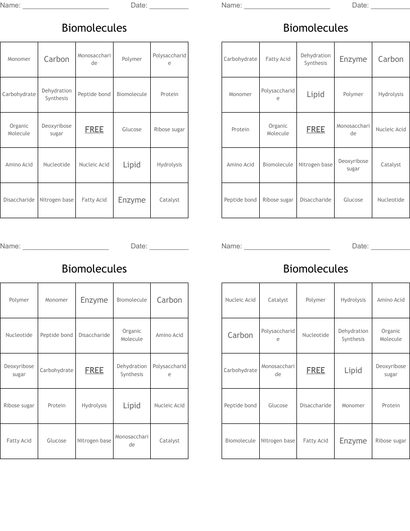 Biomolecules  Bingo Cards