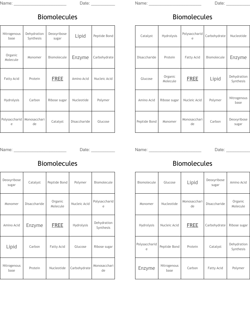 Biomolecules  Bingo Cards