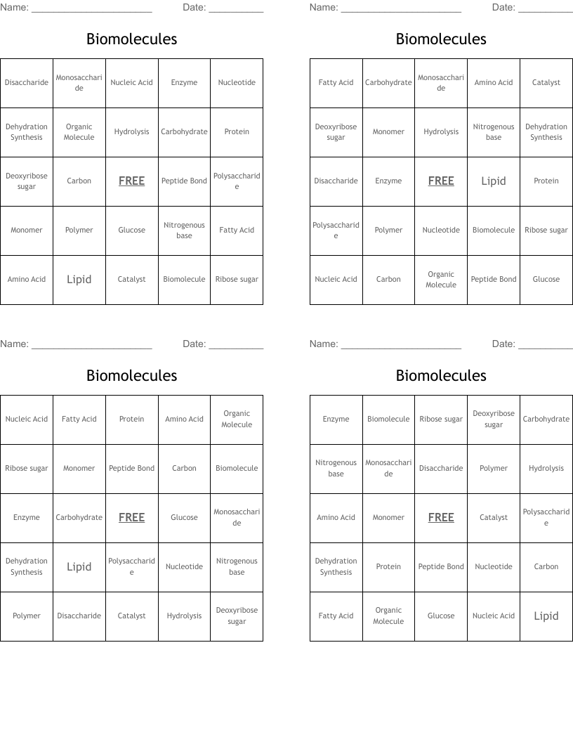 Biomolecules  Bingo Cards