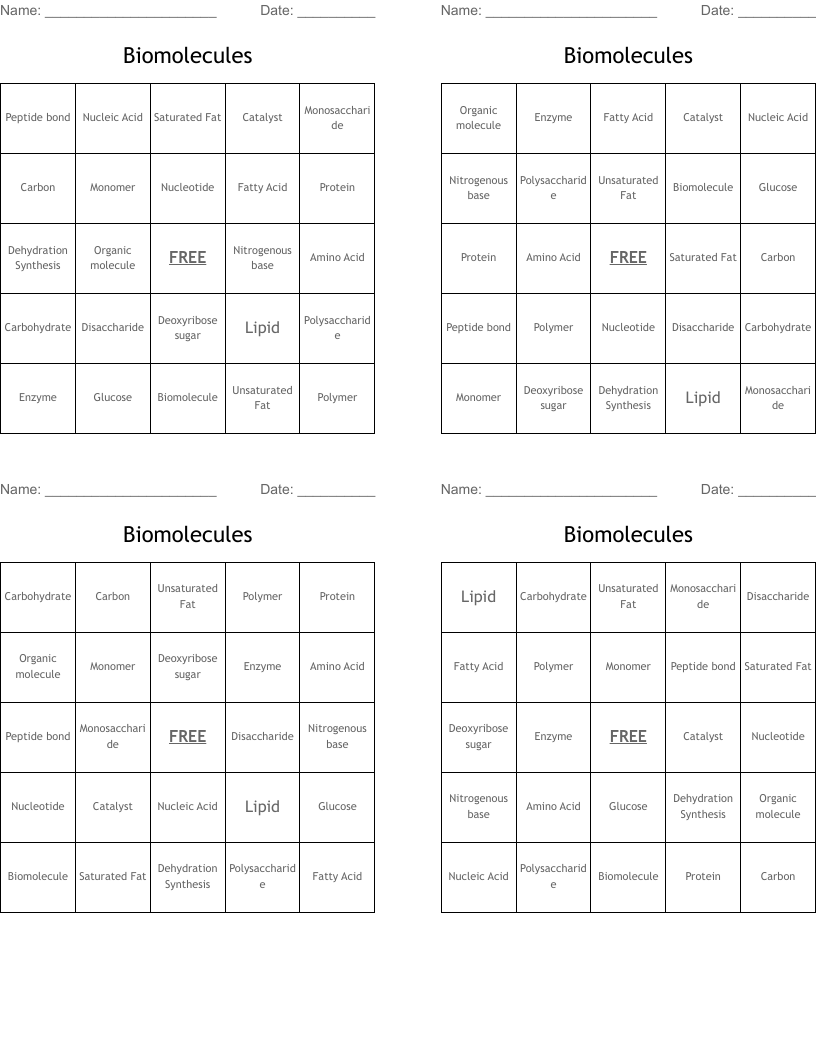 Biomolecules  Bingo Cards