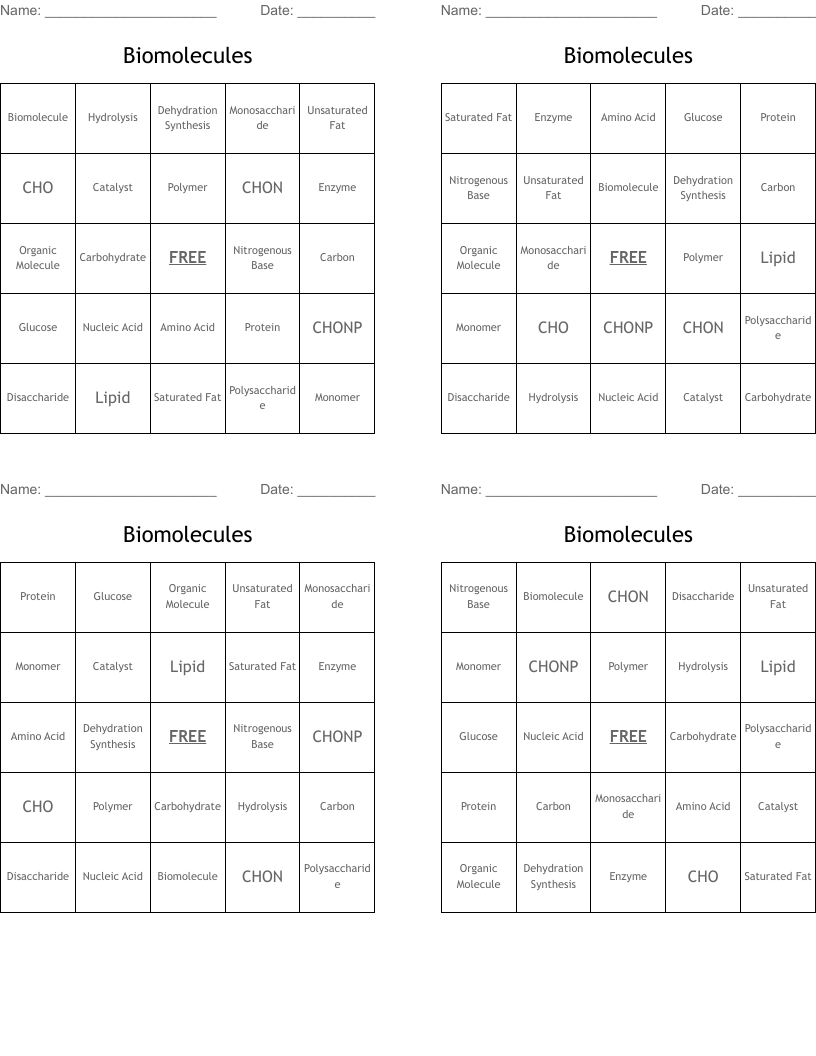 Biomolecules  Bingo Cards
