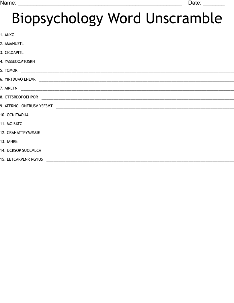 Biopsychology Word Unscramble