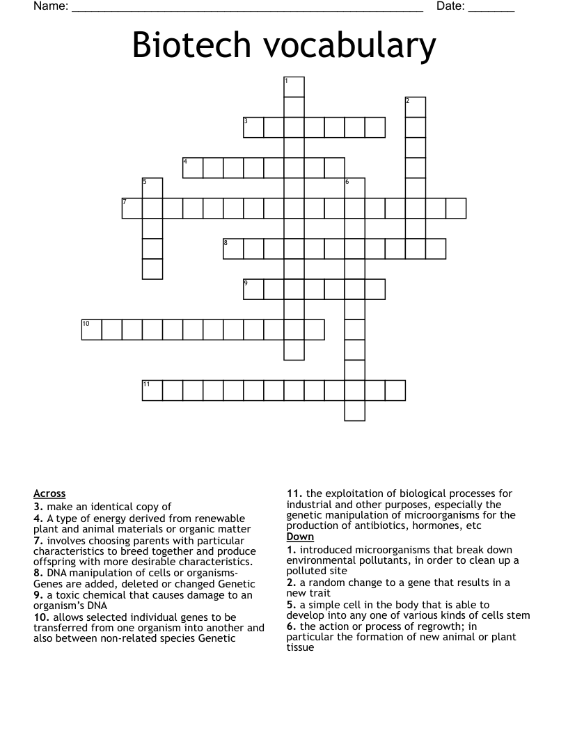 Biotech vocabulary Crossword
