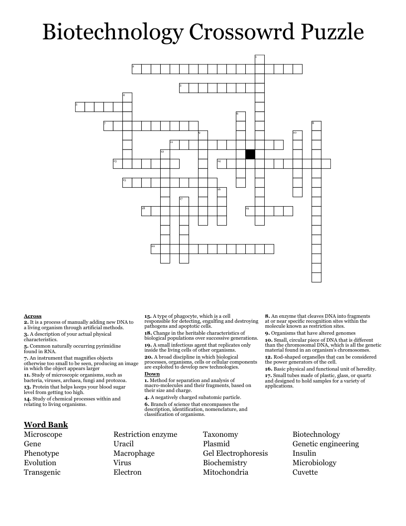 Biotechnology Crossowrd Puzzle Crossword
