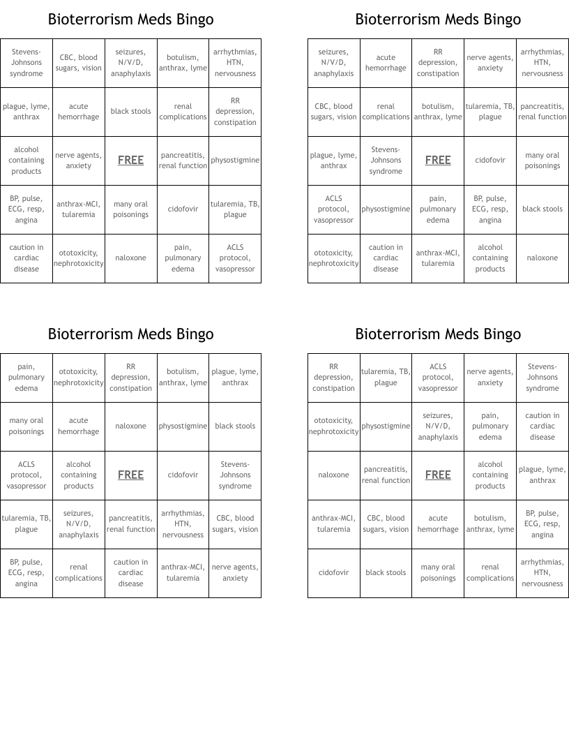 Bioterrorism Meds Bingo