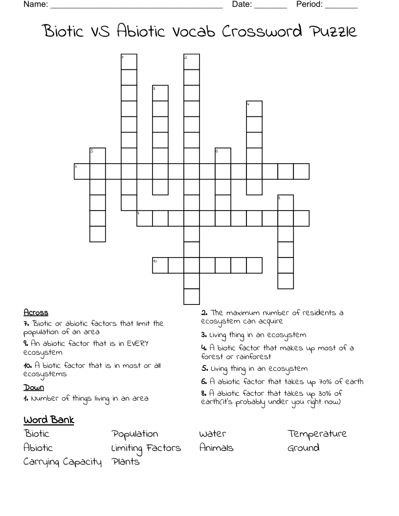 Biotic VS Abiotic Vocab Crossword Puzzle