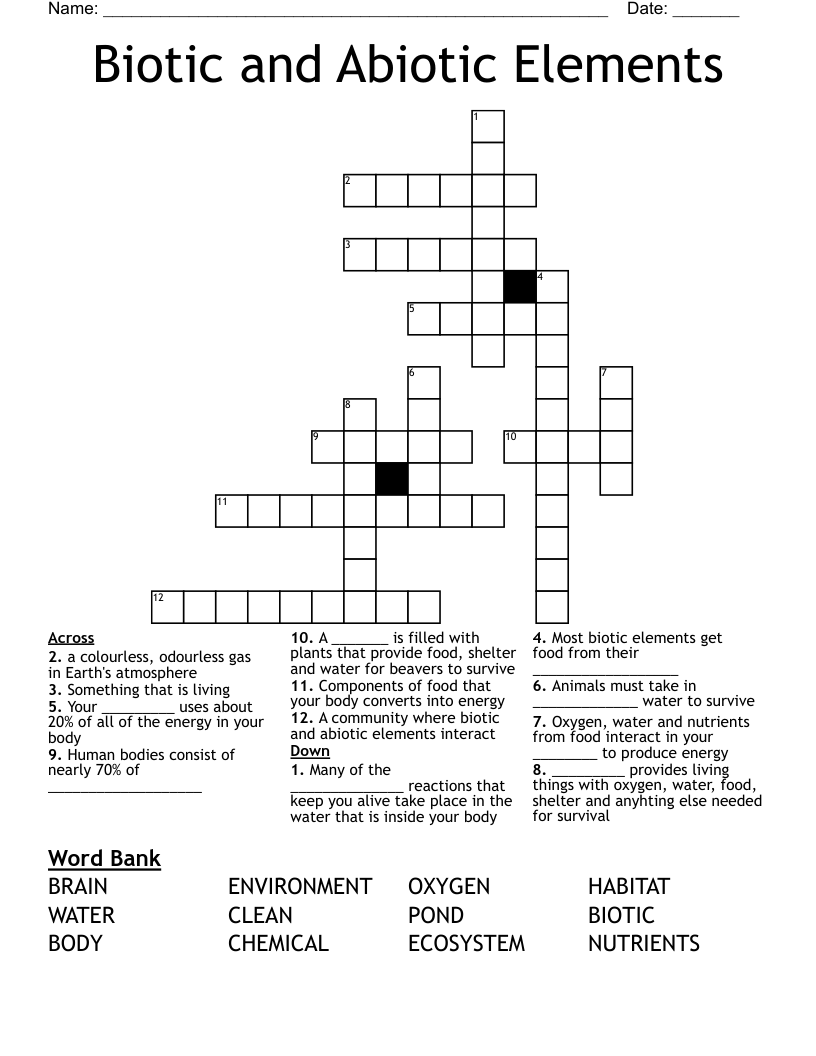 Biotic and Abiotic Elements Crossword