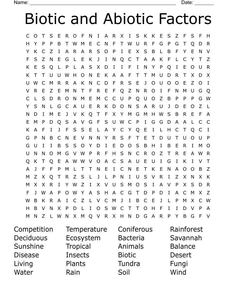 Biotic and Abiotic Factors Word Search