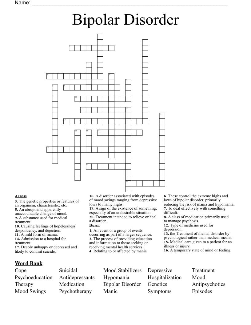 Bipolar Disorder Crossword
