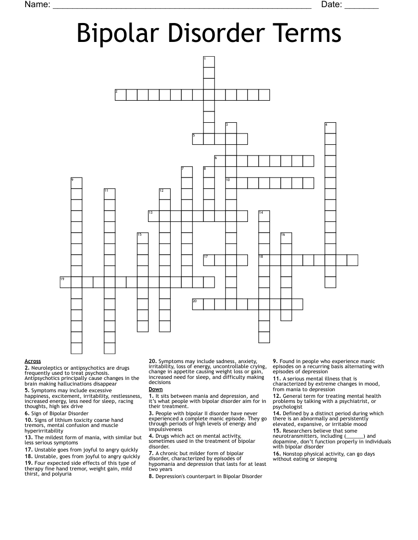 Bipolar Disorder Terms Crossword