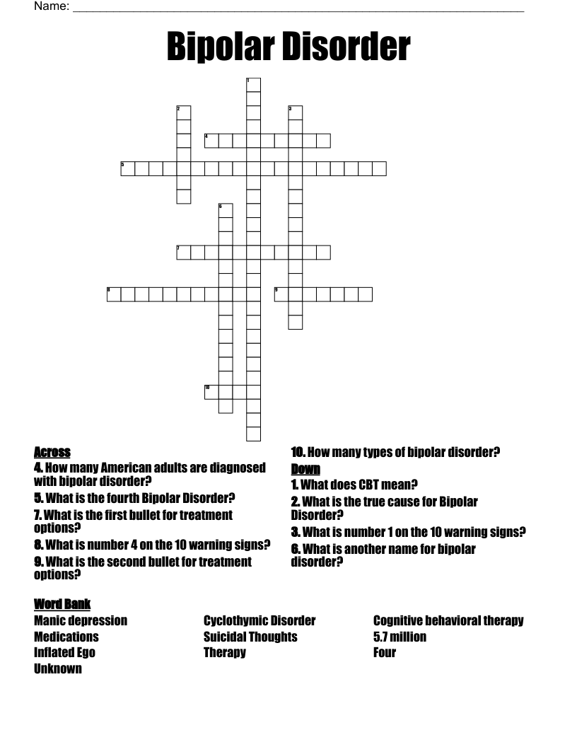 Bipolar Disorder  Crossword