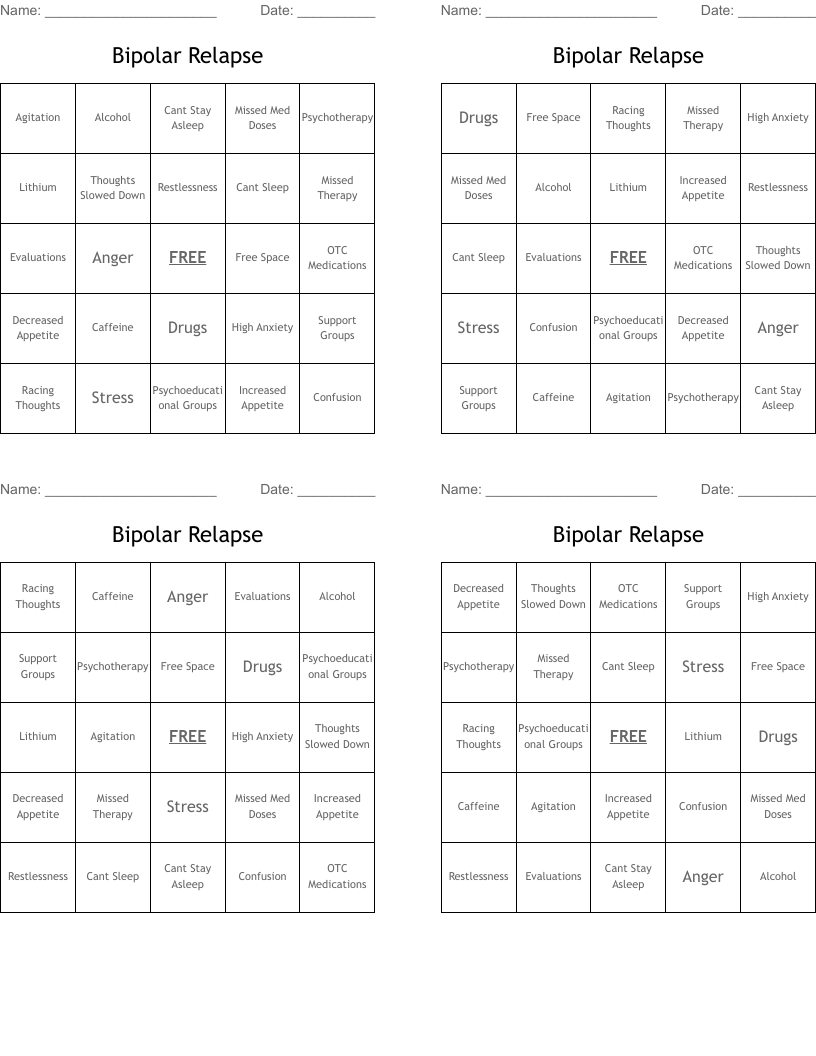 Bipolar Relapse Bingo Cards