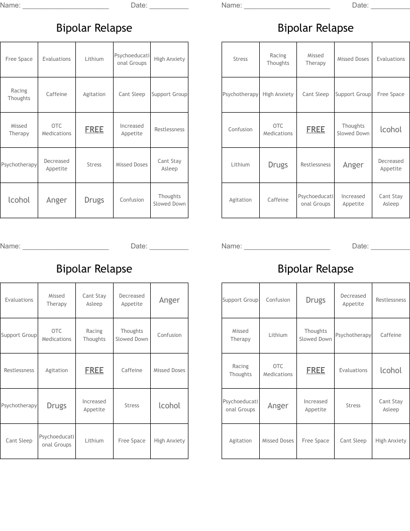 Bipolar Relapse Bingo Cards