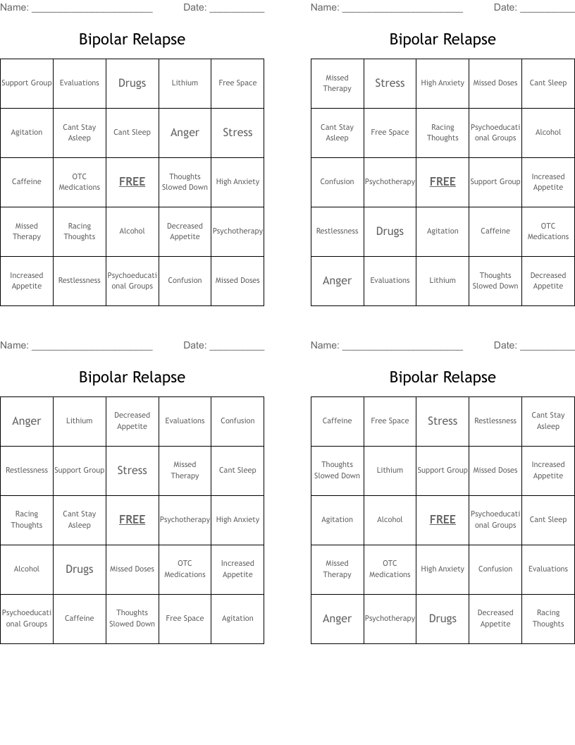 Bipolar Relapse Bingo Cards